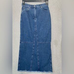 Ralph Lauren Women's Blue Denim Patchwork Raw Edge Midi Pencil Skirt Size 4 Y2K